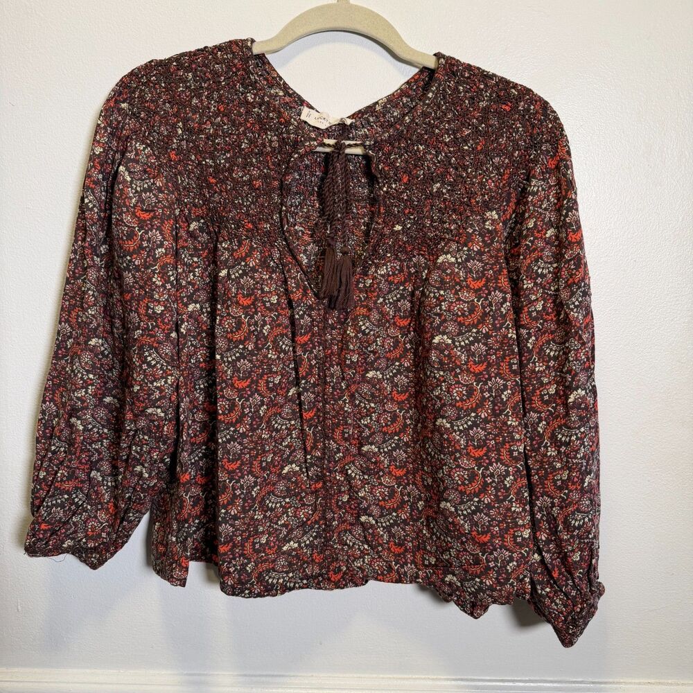 Lucky Brand Paisley Peasant Blouse M Smocked Tassel Tie Boho Cotton Viscose